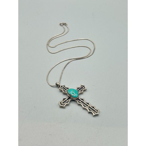 Vintage Sterling Silver & Turquoise Cross Necklace Handcrafted Native Jewelry - Picture 2 of 11